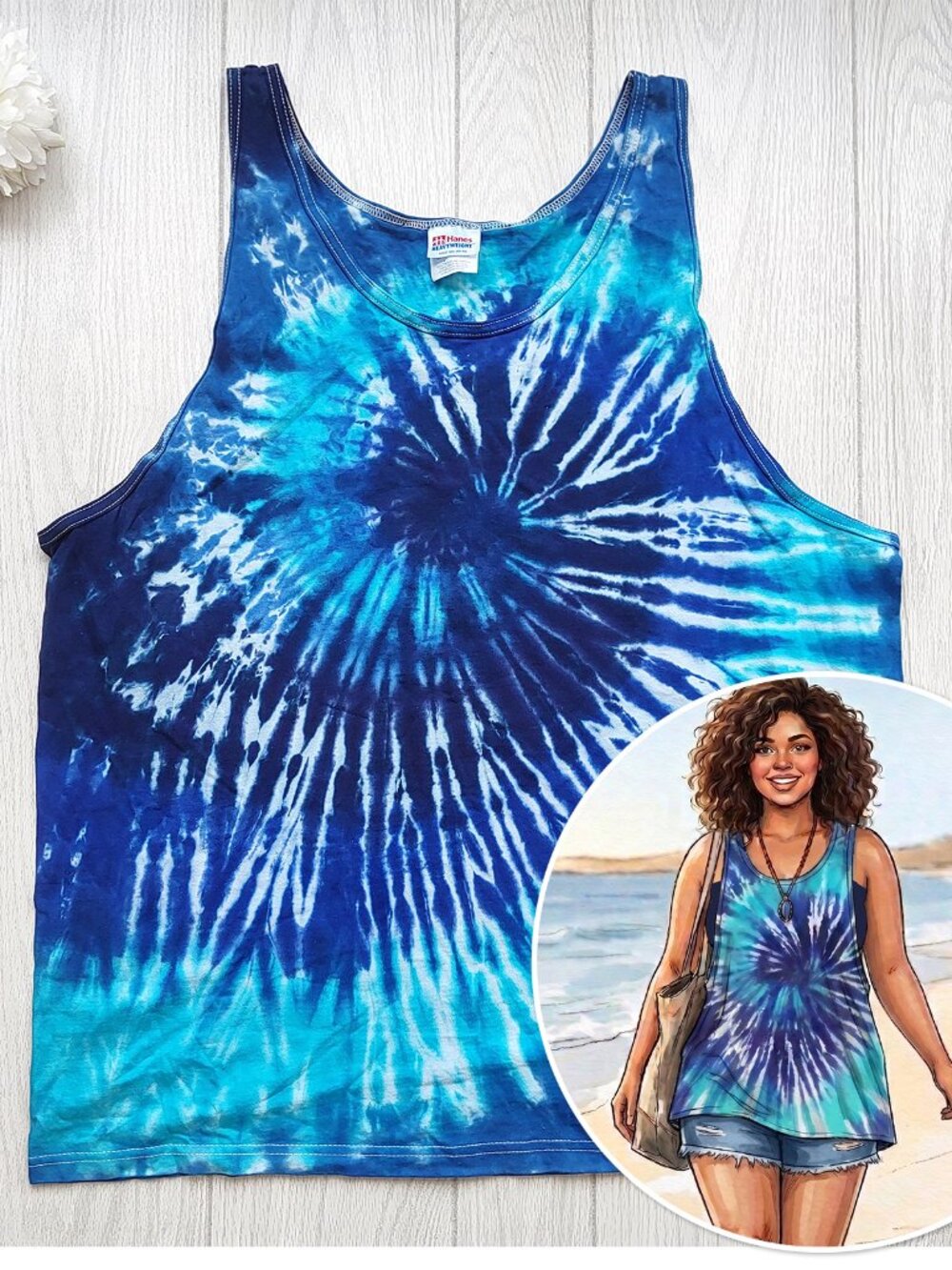 Vintage Y2K Artisan Tie Dye Blue Tank Top Heavyweight Hanes Hippie Boho XXL